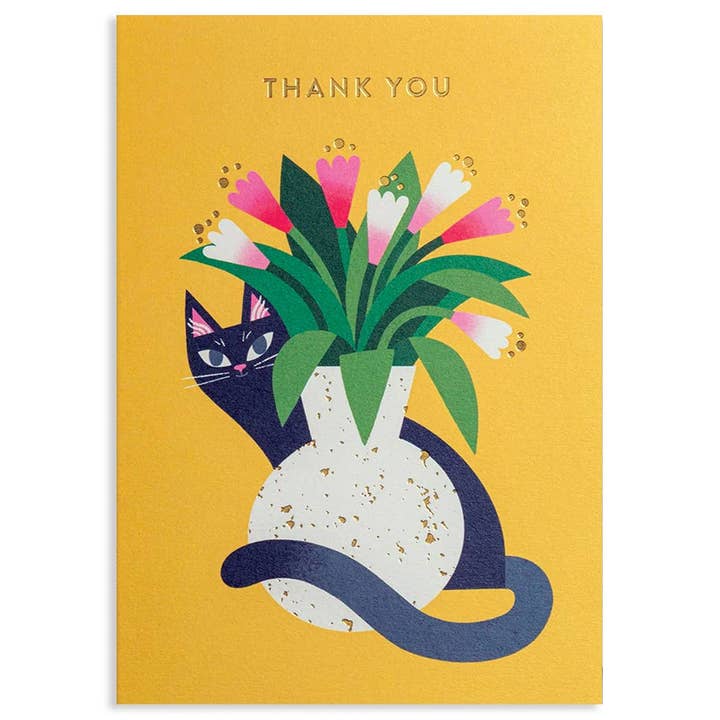 Calypso Cards LLC - Wholesale Thank You Card - CAT AND FLOWERS THANK YOU GREETING CARD 4.25 x 6.0625"