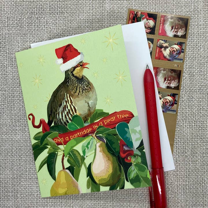 The Red Barn Press - Wholesale Christmas Card - Christmas Card | Funny Partridge Pear Tree with Santa Hat!