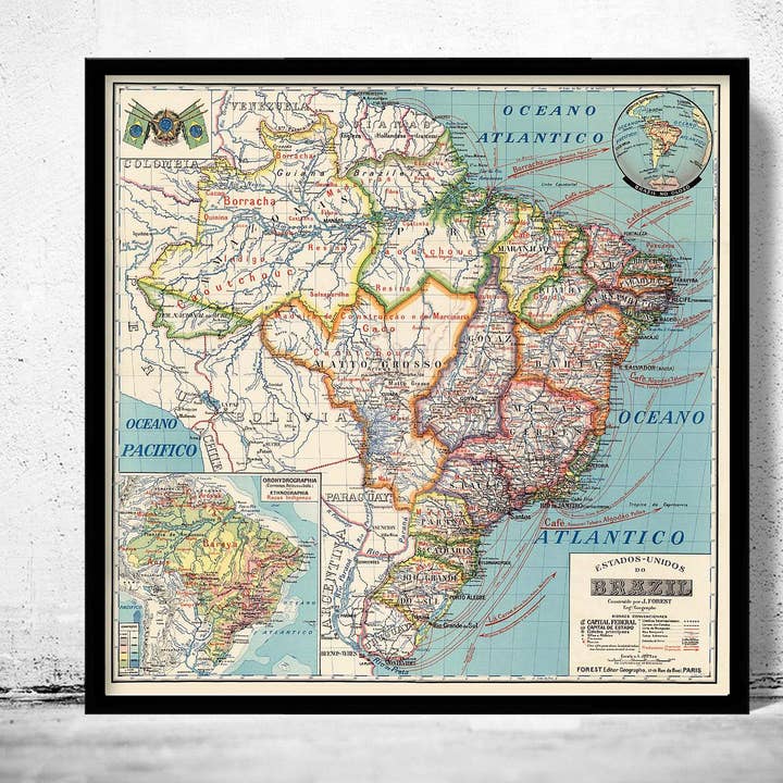 Carte ancienne du Brésil 1929 | Illustration murale vintage pour la vente par OldCityPrints - Old Maps and Posters