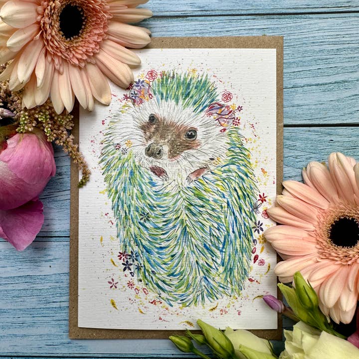 Jen Winnett Eco Artist - Wholesale Gewone wenskaart - Hector the Hedgehog Milieuvriendelijke kaart Kleurrijke groeten