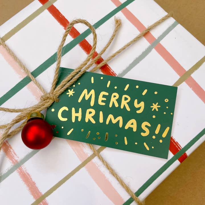 Merry Chrimas *Notice Misspelling* Green Gift Tags for wholesale by Abbie Ren Illustration