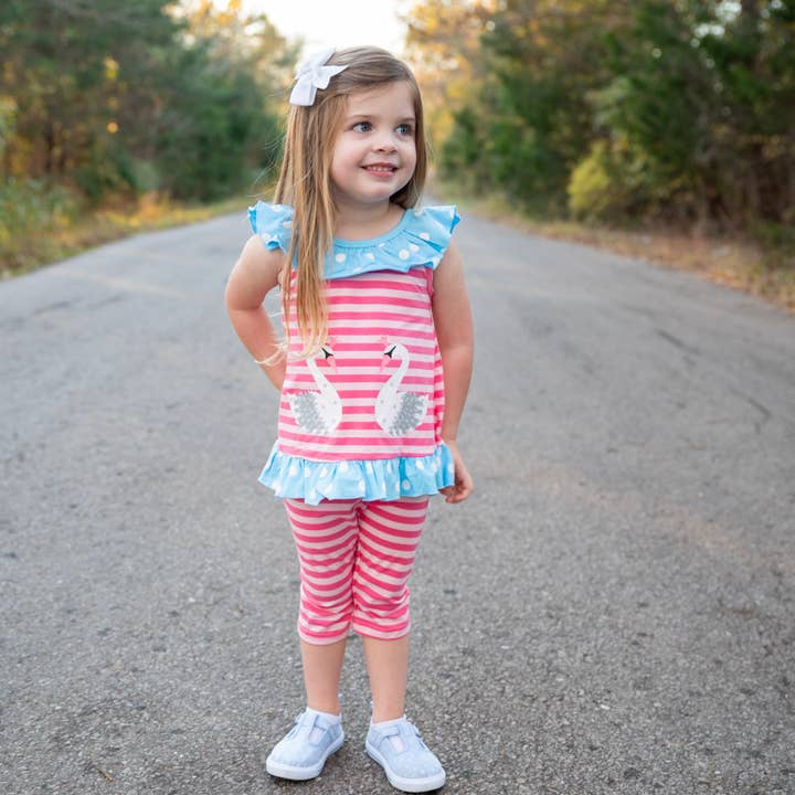 AnnLoren - Vente Ensemble haut et pantalon – enfant - Ensemble de vêtements de printemps Pink Swan Princess Tunique et Capris pour filles3