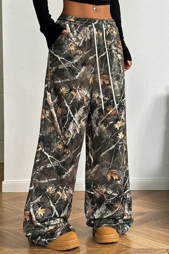 Army Green Elastic Waistband Camouflage Print Wide Leg Pants ZK2316 for wholesale on Faire