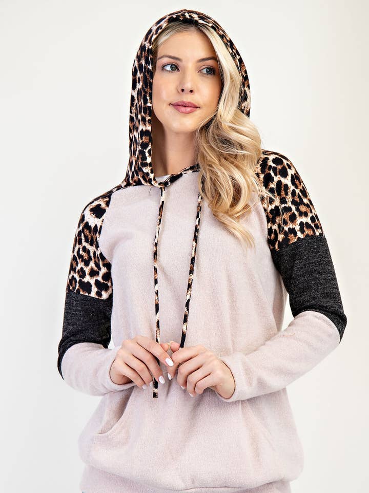 WOMEN'S ANIMAL PRINT COLOR BLOCK HOODIE WITH POCKET for wholesale by Celeste Clothing