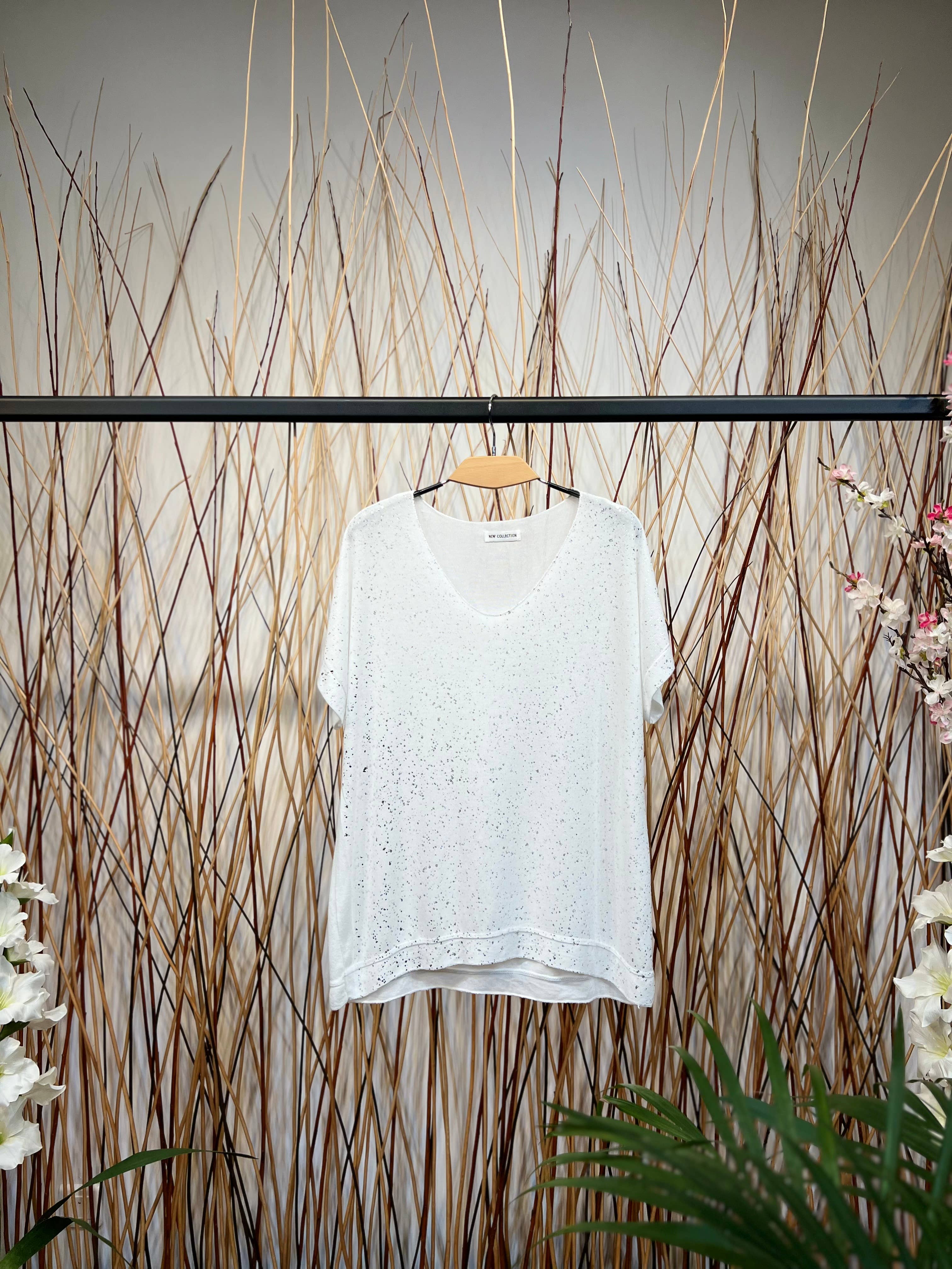 L'Emotion - Wholesale T-Shirt - Women's - Silver Glitter Decoration V-Neck Short Sleeve T-Shirt2