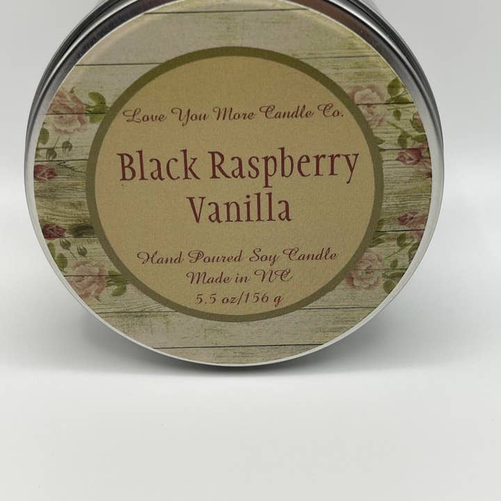 Black Raspberry Vanilla soy candle 8 oz tin for wholesale by Love You More Candle Company
