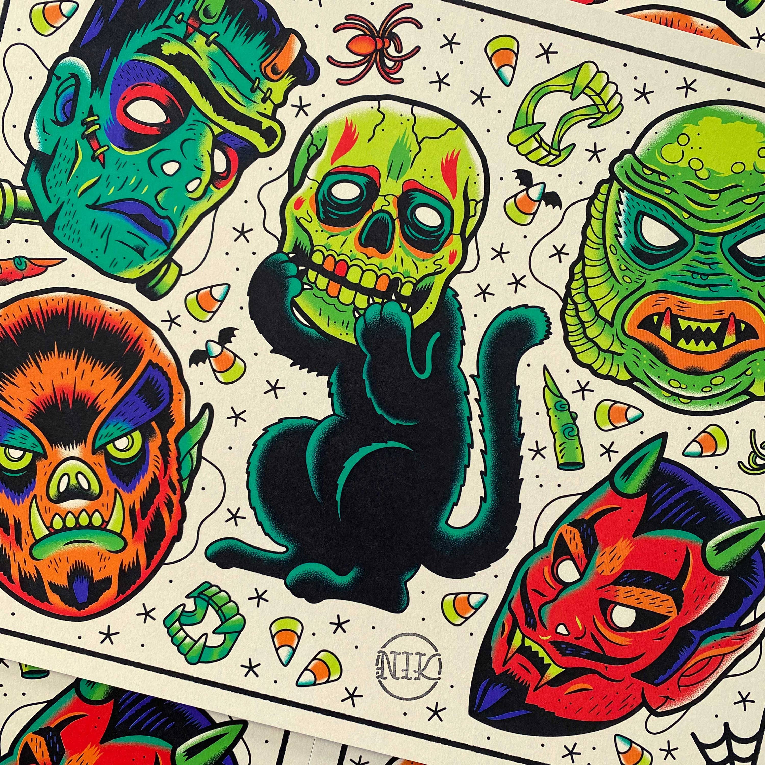 Dumb Junk - Wholesale Art Print - Vintage Halloween Masks Tattoo Flash Art Print 11x142