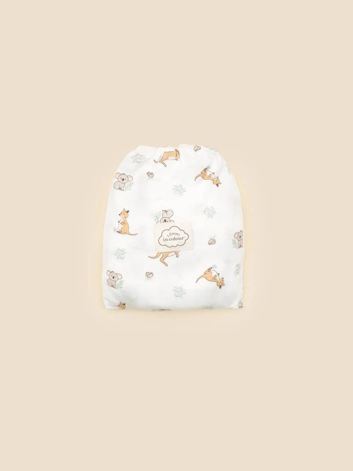Bamboo Bassinet Sheet - Kangaroo & Koala for wholesale by Lūmmi in Colour Babywear