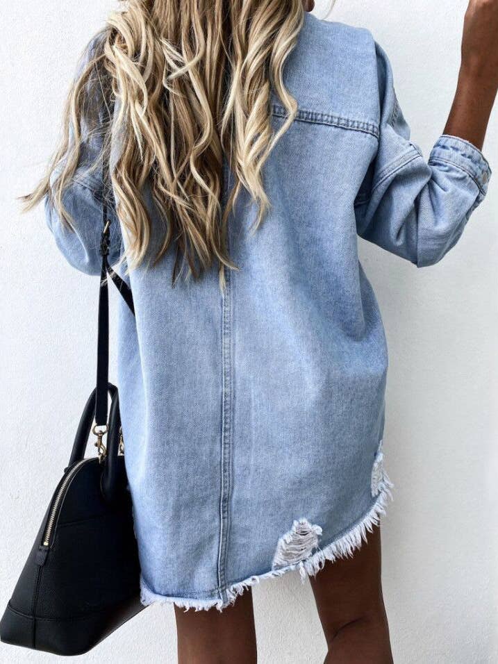 HIDDENBRAND - Wholesale Denim Jacket - Women's - Oversized ripped frayed edges denim jacket1