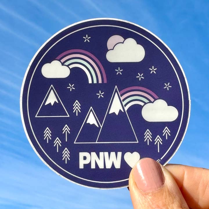 PNW Dark Purple Rainbows + Mountains 3” Sticker / Decal for wholesale by Three in Kind