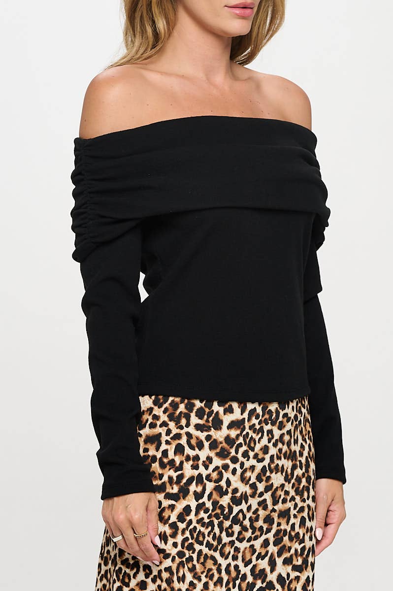 Black Made in USA Rib Knit Long Sleeve Off the Shoulder Top for wholesale on Faire2