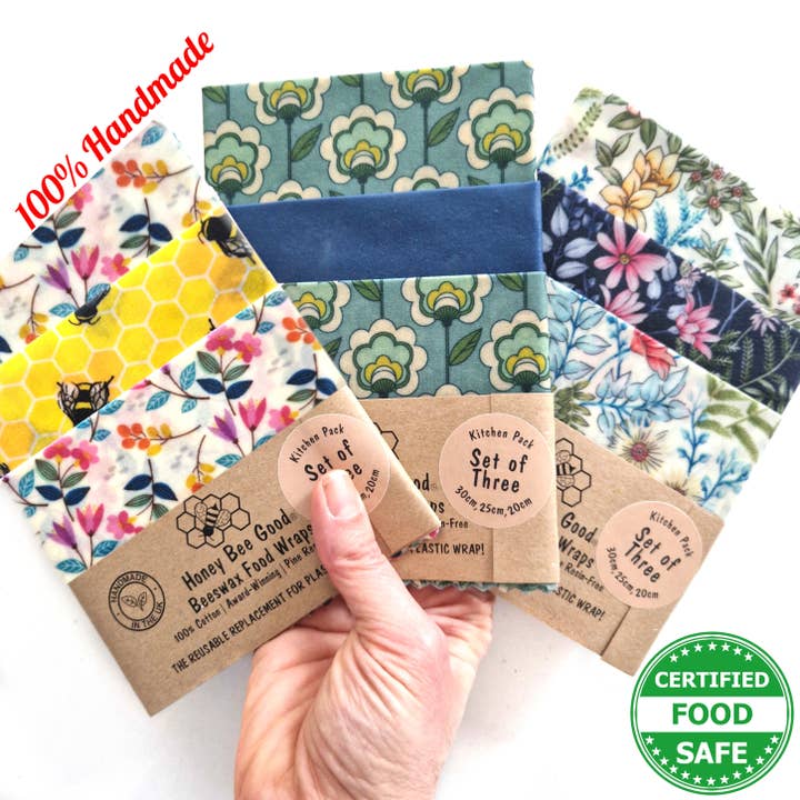 HANDMADE Beeswax Wraps Bundle |3 L,M,S Floral Patterns for wholesale by Honey Bee Good