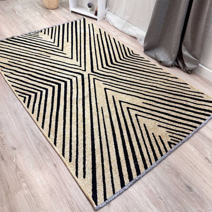 Alfa Rich Inc - Vente Tapis - Tapis lavables géométriques beiges noirs