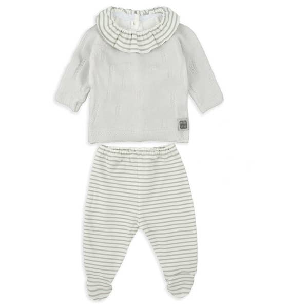 Grå 2-delt babysæt med strikket trøje og stribede bukser med fødder for engroshandel på Faire1
