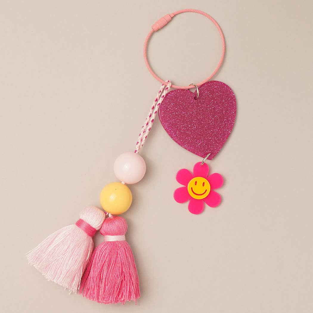 Fashion City - Wholesale Sleutelhanger - Dames - Happy Face sleutelhanger met glitterhart en kwastje, bedeltje2