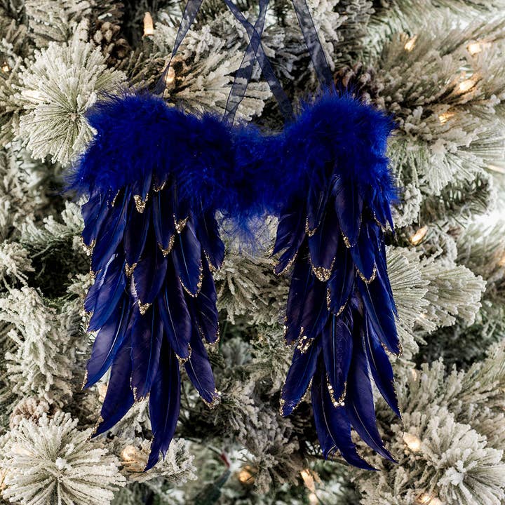 Navy Blue Feather Angel Wing Ornament for wholesale by Zucker Feather Products