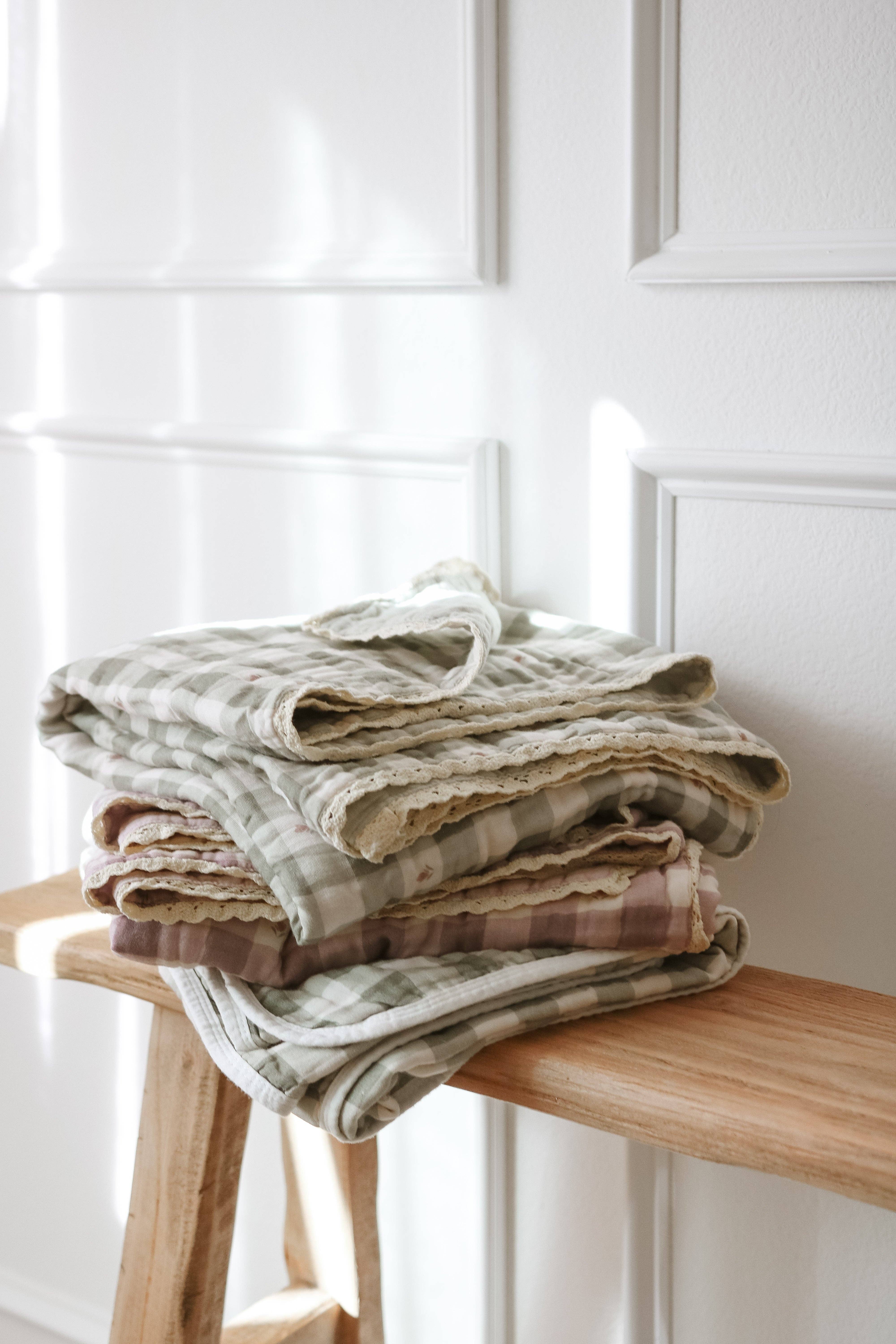 Ellie and Layne - Wholesale Bedding blanket – Kids & Baby - Evergreen Gingham QUILTED 6 Layer Gauze Blanket4