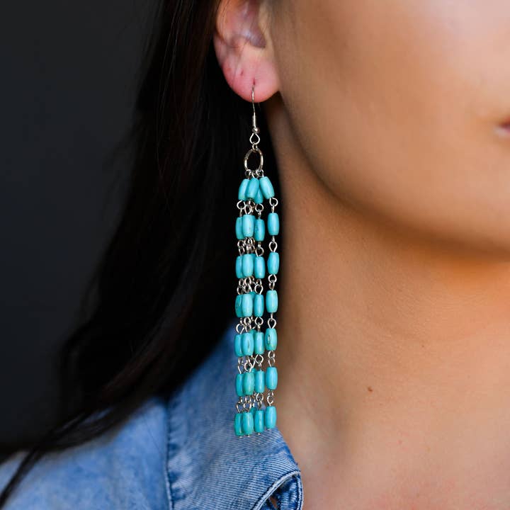 West & Co. - Wholesale Tassel Earrings - 5" Green Beaded Tassel Earring