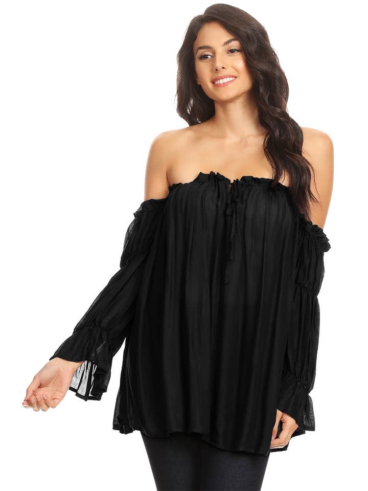 Anna Kaci Wholesale - Wholesale Blouse - Women's - Semi Sheer Boho Peasant Off the Shoulder Top16