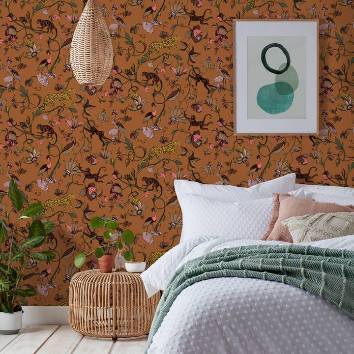 Exotic Wildlings Wallpaper Warm Sienna for wholesale on Faire