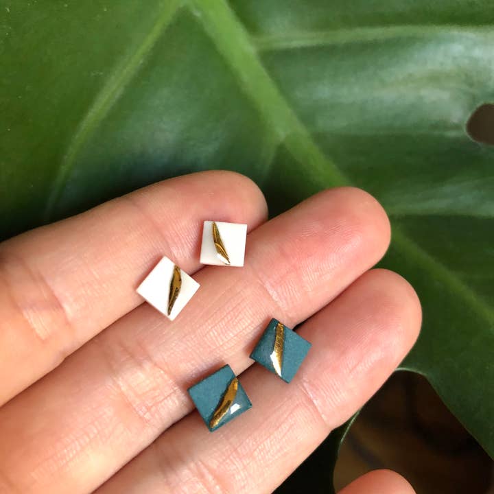 Gold Striped Square Studs for wholesale by Mier Luo