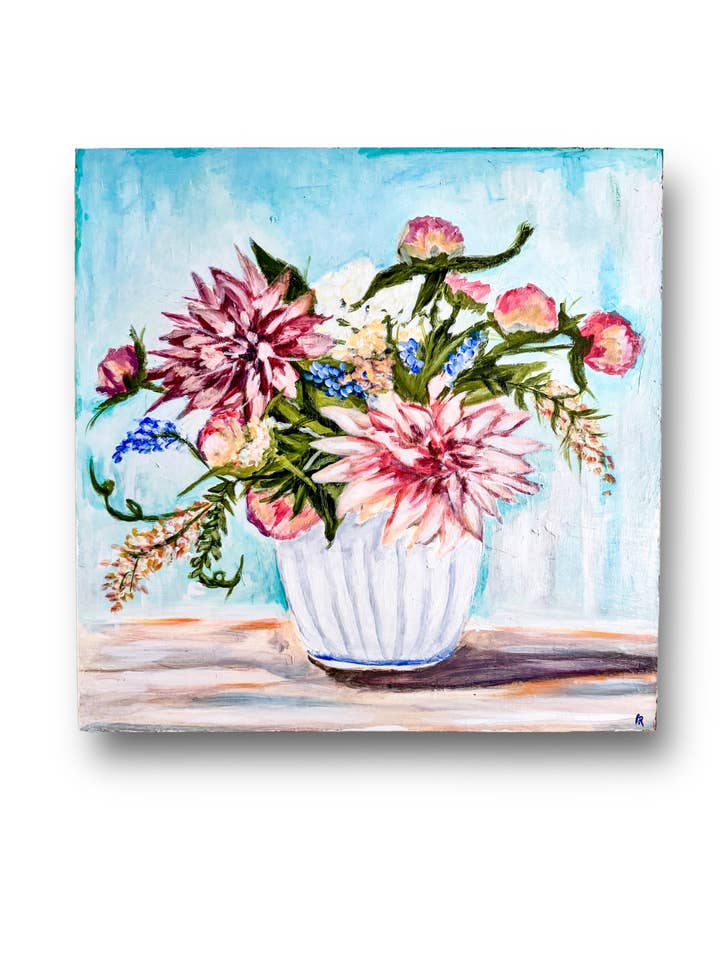 Dahlias in a white Vase Art Print for wholesale by Pooja Roy Studio