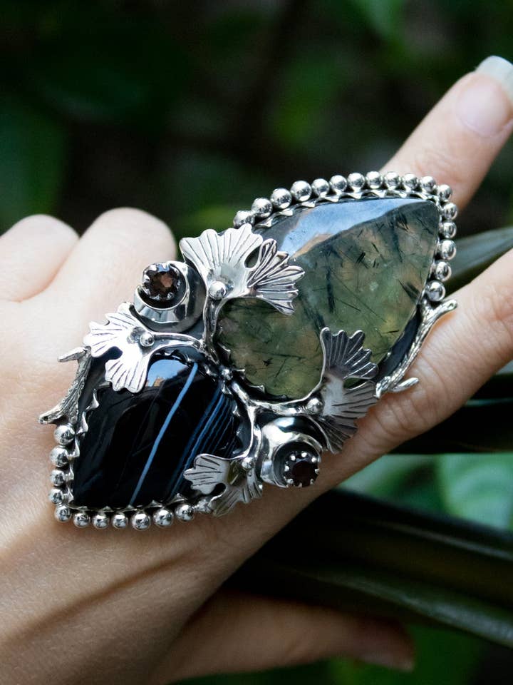 Shadow & Light – Prehnite & Black Botswana Ring, AR-7674 for wholesale by Ambra Jewels