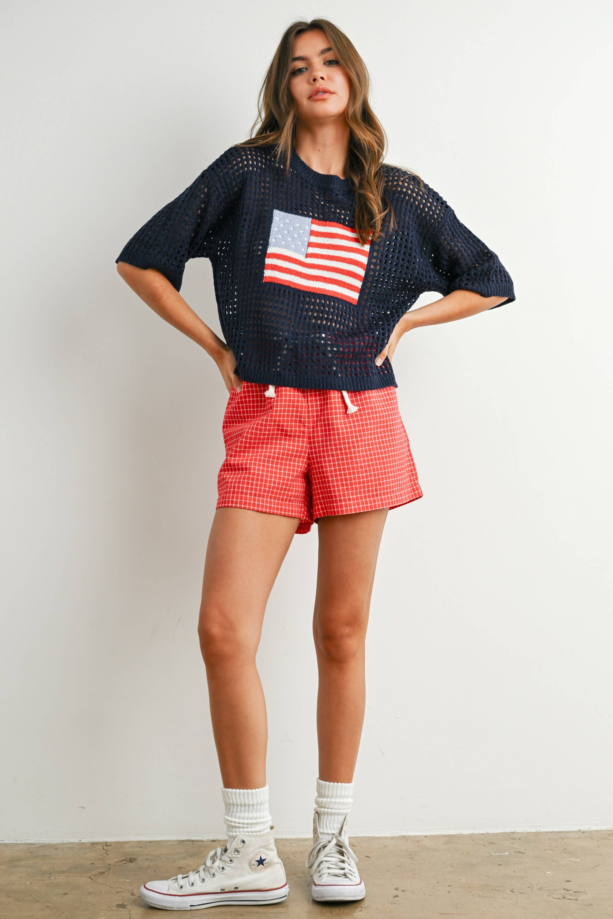 BUTTERMELON - Wholesale Knit Top - Women's - Flag Print Open Knit Crochet Sweater Top - BMW773510