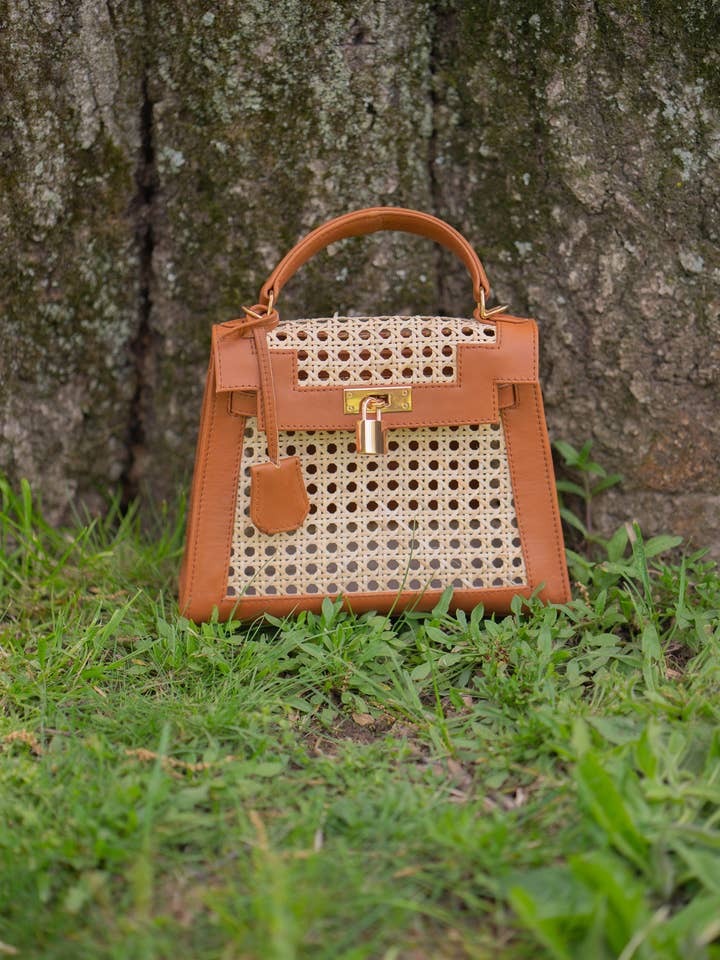 MAYA RATTAN WITH LEATHER TRIM HANDBAG | BROWN for wholesale by All In The Detail