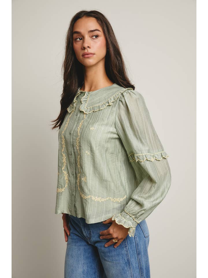 Forte – Großhandel Bluse – Damen – Bestickte Baumwollbluse mit Rüschkragen FT000319