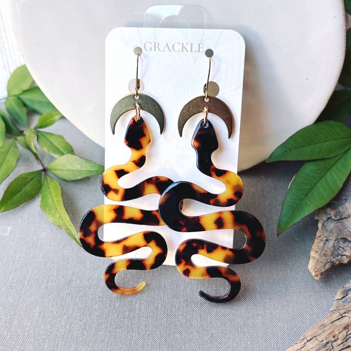 Tortoise Shell Crescent Snake Earrings for wholesale by Grackle Jewelry