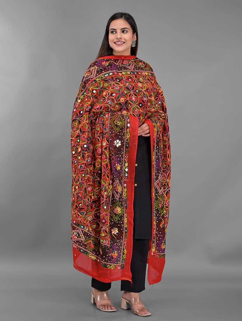 Bhawana Handicrafts - Wholesale Scarf - Women's - Indian Cotton Embroidery Dupatta Multicolor Phulkari Scarf 1