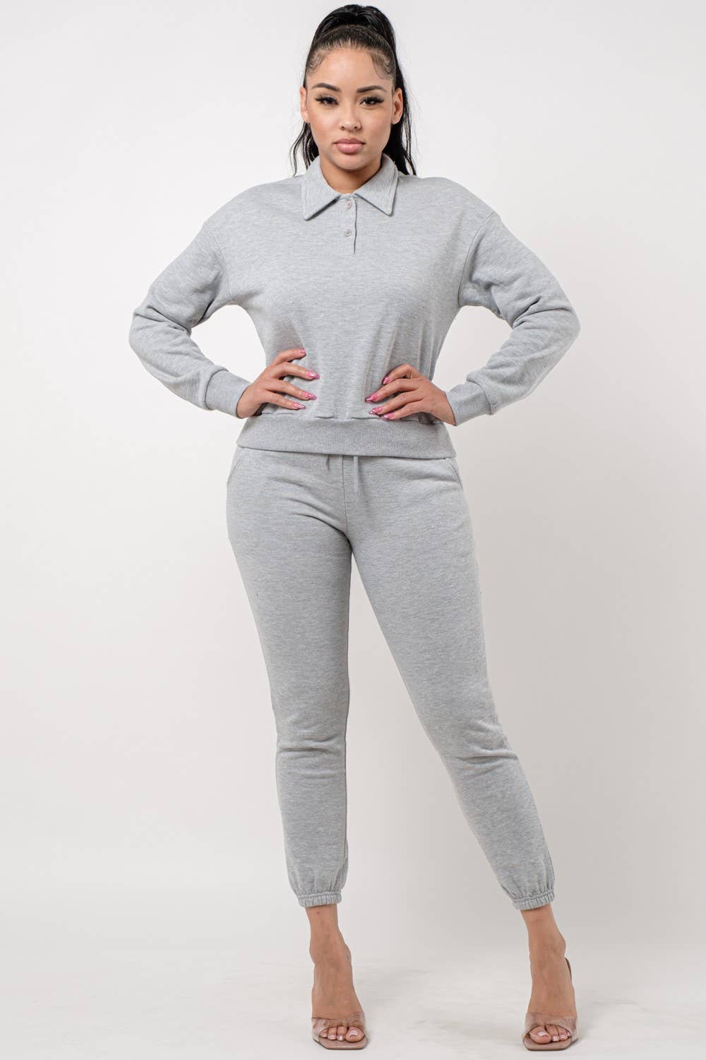 Boswell – wholesale Lounge set – Women's – Solid Jogger Set With Collar Long Sleeve Top10