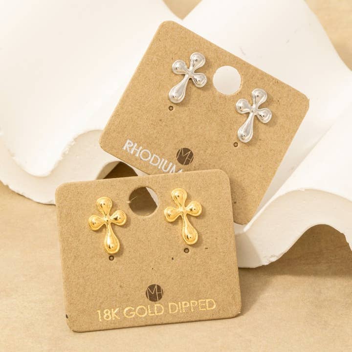 Gold Dipped Dainty Cross Stud Earrings for wholesale by Fame Accessories