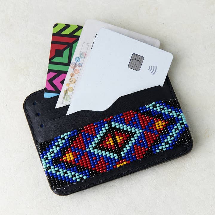 Sunset Silhouette-Beaded Leather Wallet in Black, Red & Blue for wholesale by Mother Sierra