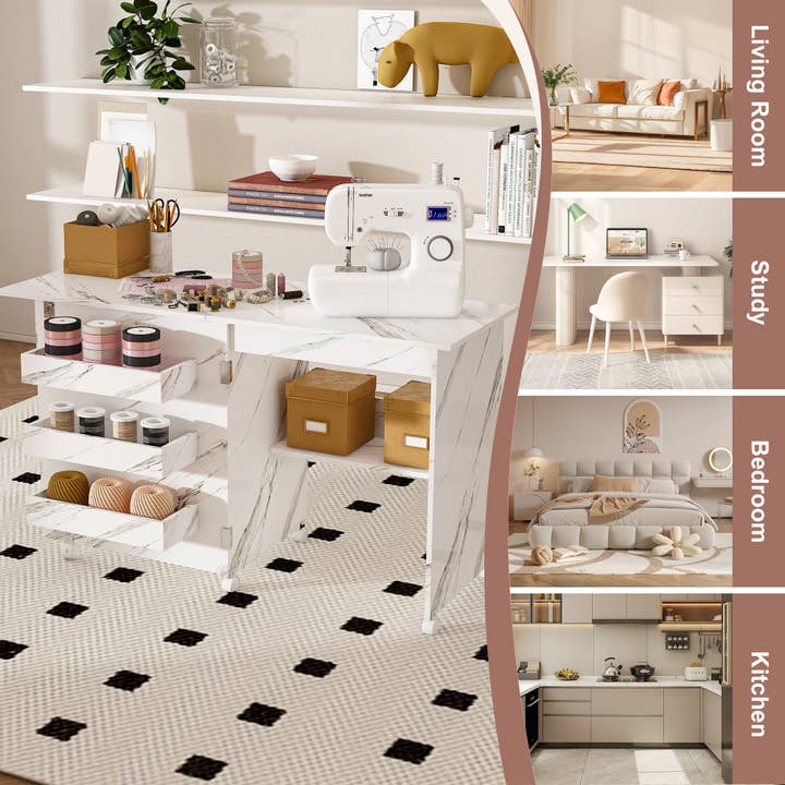 39F Inc. - Wholesale Craft Supplies - 4-in-1 Folding Sewing Table w/Lockable Wheels (White MDF)9