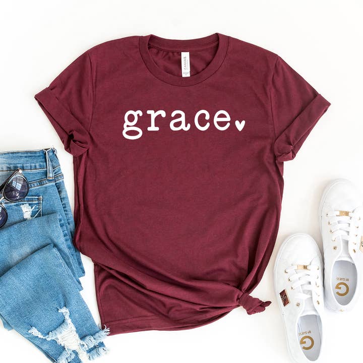 Grace Typewriter With Heart | Short Sleeve Graphic Tee for wholesale by Uplifting Threads Co Wholesale