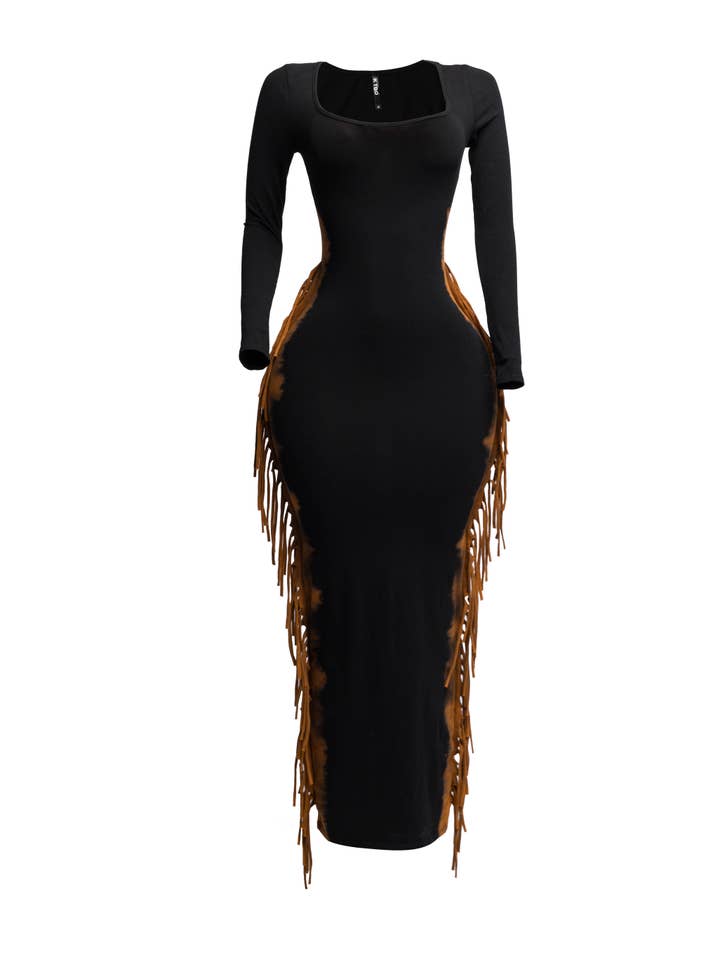 K Too - Wholesale Dress - Women's - Bleached two tone colorway side fringe maxi dress3