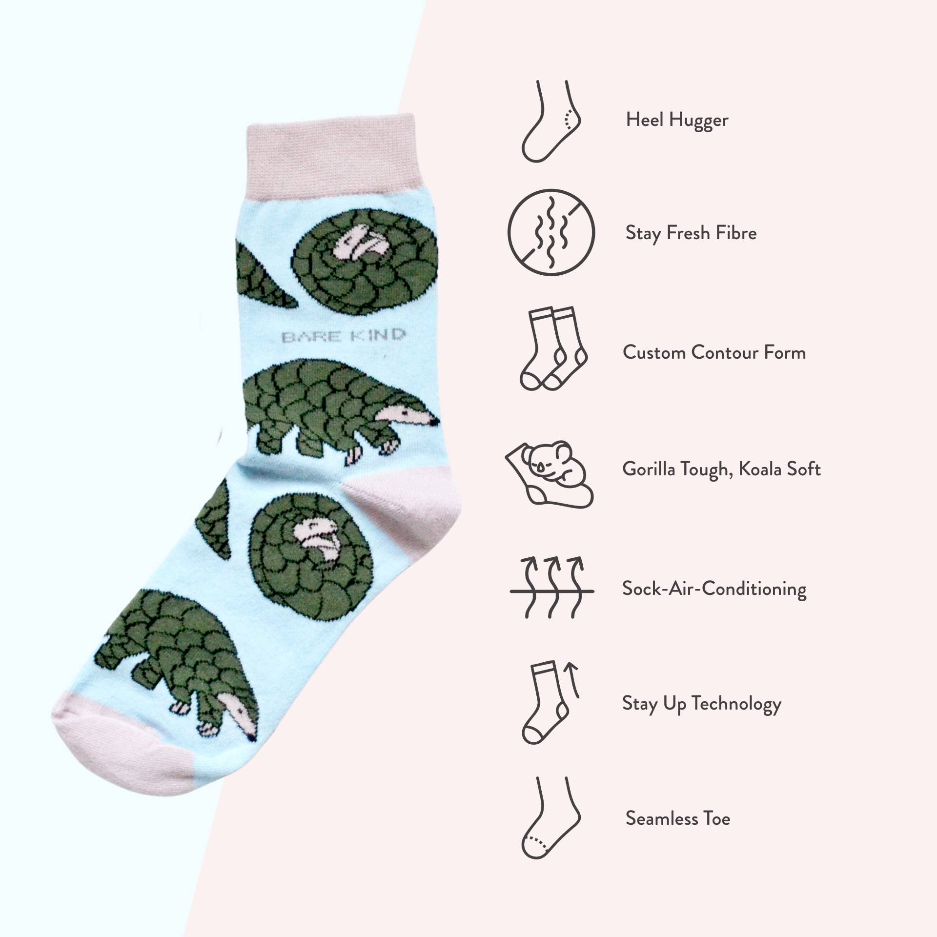 Bare Kind Socks - Vente Chaussettes – unisexe - Chaussettes Pangolin en bambou bleu pastel6
