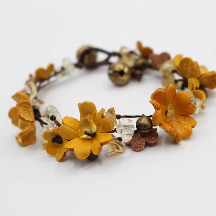 Pulseira de flores elegantes em couro feito à mão com cristais variados por atacado de Sunflower Handmade leather inc