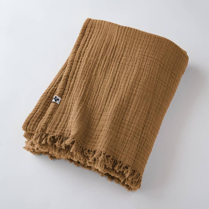 GAÏA Camel fringed plaid 130 x 160 cm for wholesale by L'effet Papillon