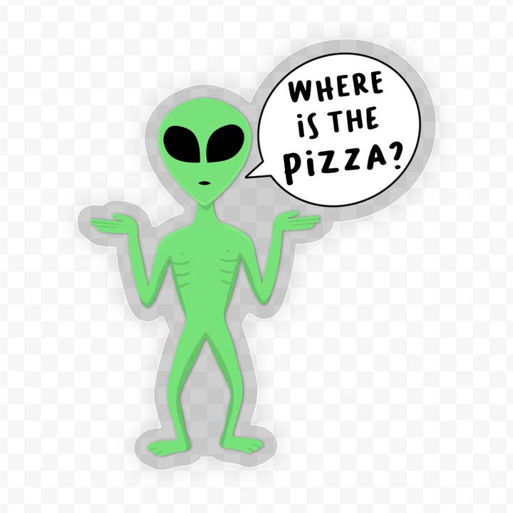 Alien „Hvor er Pizza?“ Sticker for engroshandel hos Jones Sticker Co