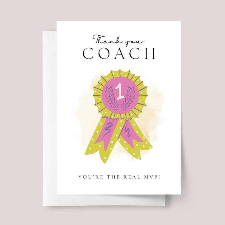 Carte de remerciement pour l'entraîneur de l'équipe avec médaille rose pour la vente par Design Sprinkles
