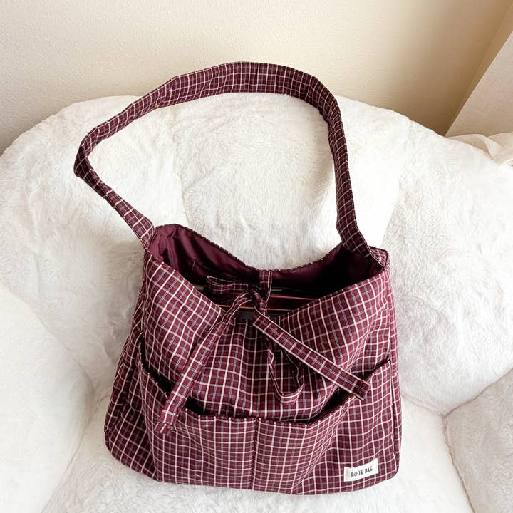 The Bean Workshop - Wholesale Tote Bag - Women's - Large Gingham Book Bag with Multiple Pockets8