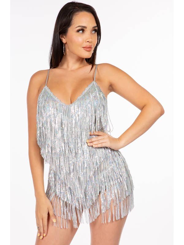 V SHAPED SEQUIN FRINGE ROMPER for wholesale by Lemon Tree