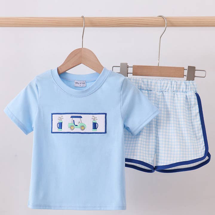 Aspen Rain Boutique - Wholesale Top & Short Set - Kids - Blue golf cart smocked shorts set