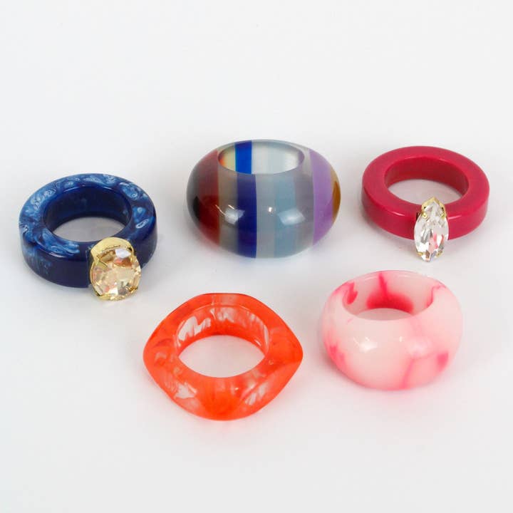 My Doris - Wholesale Jewelry Set - CHUNKY GEM RINGS WARM COLOURS - PACK OF 15 (S/M/L)