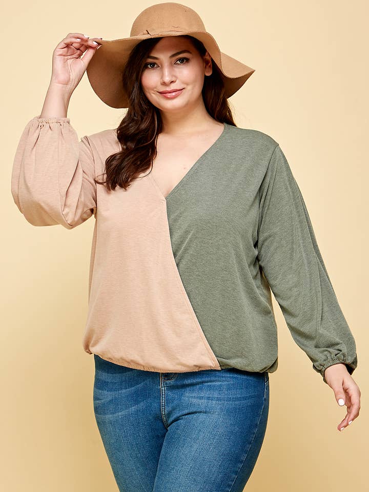 Emerald Collection - Wholesale Knit Top - Women's - ETK-8561-PL Plus Size Color Block Surplice Top