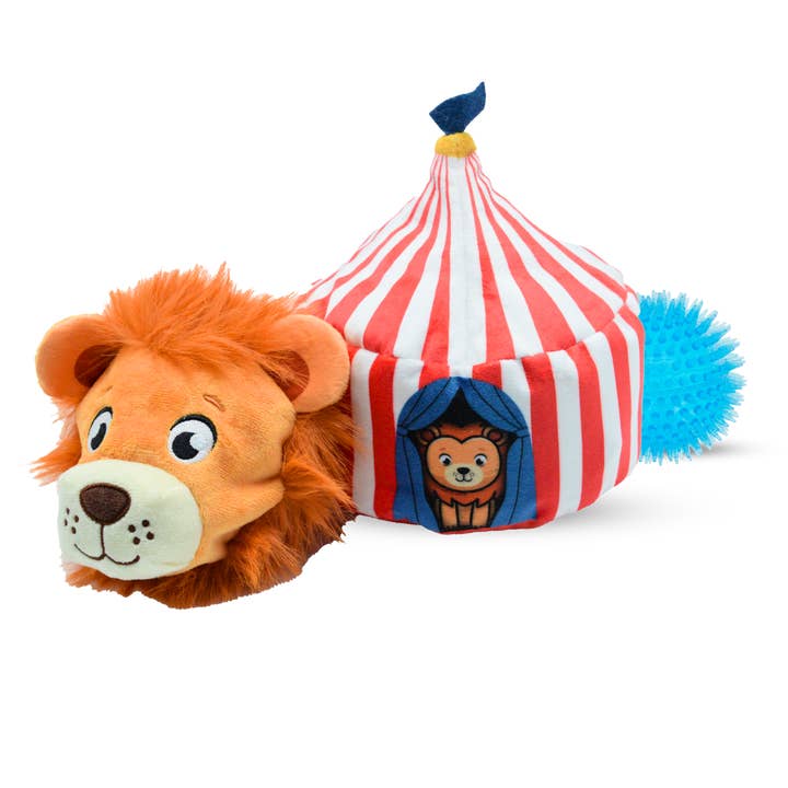 3-in-1 Rip 'n Reveal Circus Tent Dog Toy – Plush, Hidden Lion & Ball for wholesale by WoofCrate