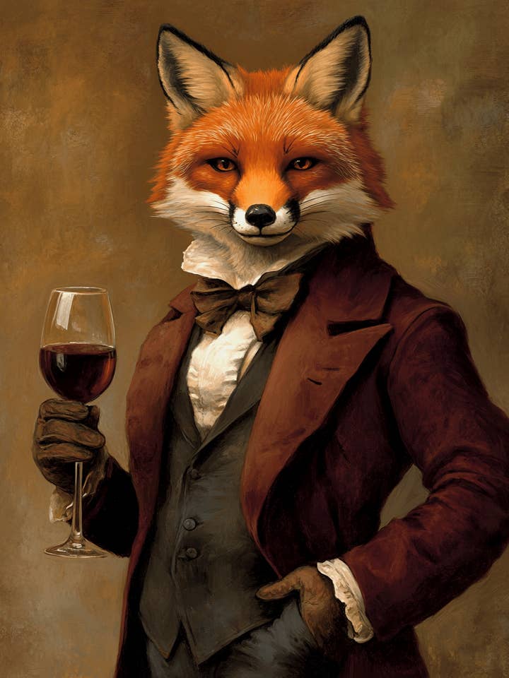 Fine Red Fox with Wine Glass - Wine Wall Art Prints – 8″x10″ Artwork for 11″x14″ Frame for wholesale by Mowbi